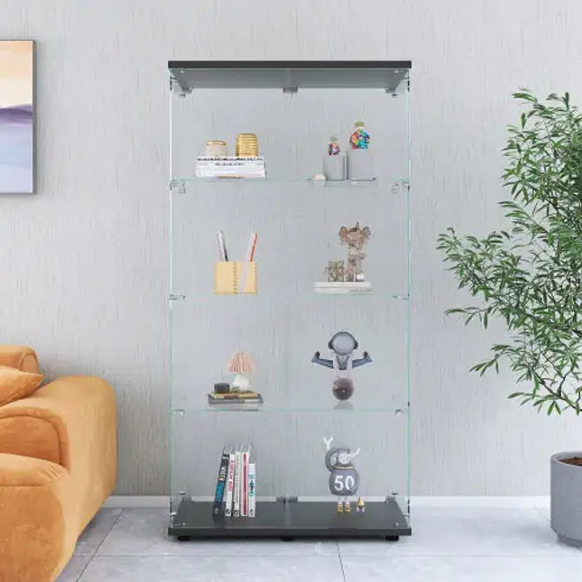 Glass Display Cabinet 4 Shelves, Floor Standing Curio Bookshelf, 64.7"x31.7"x14.3", Black