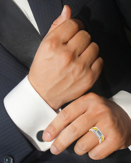 10K Yellow Gold Plated .925 Sterling Silver Diamond Accent Miracle-Set 3 Stone Ridged Band Gentlemen's Fashion Ring (I-J Color, I2-I3 Clarity)