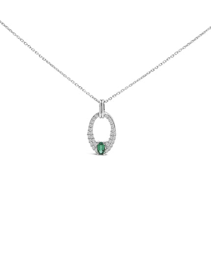 .925 Sterling Silver Created Green Emerald and White Sapphire Oval Shaped Pendant Necklace - 18" Inches