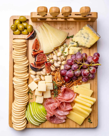 Bamboo Cheese Board Set - 14x11 Inch With 4 Knives - Wood Tray