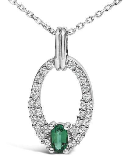 .925 Sterling Silver Created Green Emerald and White Sapphire Oval Shaped Pendant Necklace - 18" Inches