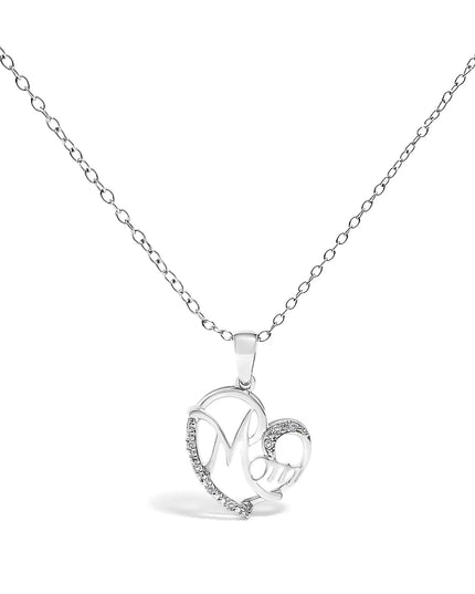 .925 Sterling Silver Cursive Mom Heart Diamond Accent Pendant Necklace (J-K Color, I2-I3 Clarity) - 18" Inches