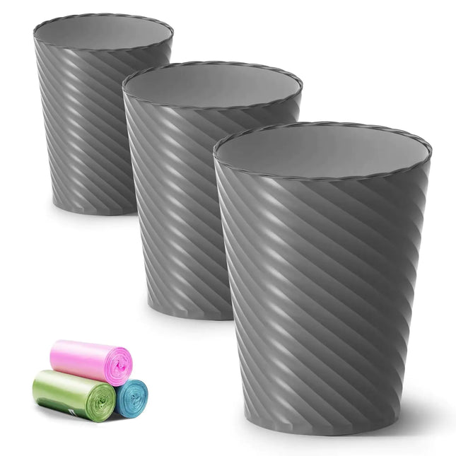 3-Pack Bathroom Trash Cans – 1.8 Gallon Small Round Plastic Waste Bins with Trash Bags – Compact Garbage Cans for Bathroom, Bedroom, Office, Kitchen (Grey)