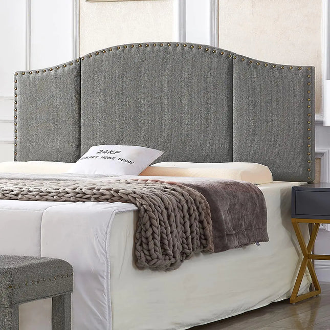 Colette Mid-Century Linen Upholstered Tufted King Headboard with Antique Brass Nailhead Trim – Granite (Fits King/California King)