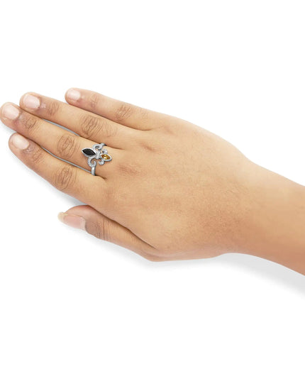 .925 Sterling Silver Black Onyx and Yellow Citrine Marquise and Diamond Accent Fleur De Lis Ring (H-I Color, SI1-SI2 Clarity)
