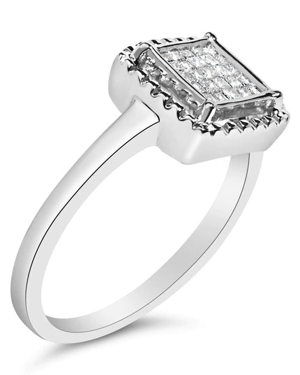 .925 Sterling Silver 1/5 Cttw Invisible Set Princess Cut Diamond Promise Ring with Beaded Halo (H-I Color, I1-I2 Clarity)