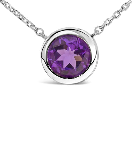 .925 Sterling Silver 7MM Bezel Set Created Purple Amethyst Pendant Necklace - 18" Inches