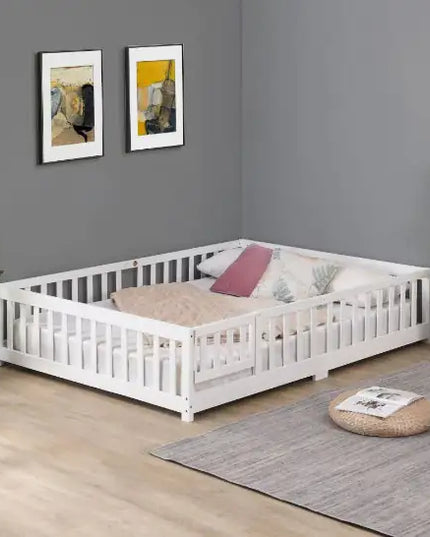 Solid Wood Full Size Platform Bed Frame With Door And Fence, Pine Wood