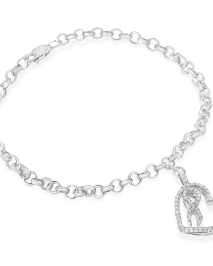 .925 Sterling Silver 1/4 Cttw Diamond-Accented Heart and Ribbon Charm 7" Link Chain Bracelet (H-I Color, I1-I2 Clarity)