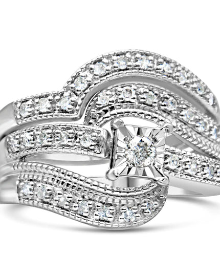 .925 Sterling Silver 1/3 Cttw Round Diamond Crisscross Engagement Ring Bridal Set (H-I Color, I1-I2 Clarity )