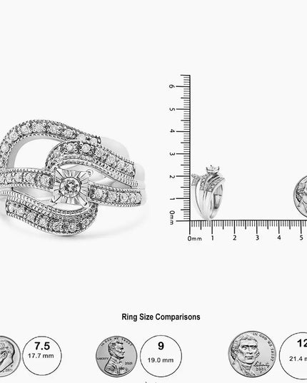 .925 Sterling Silver 1/3 Cttw Round Diamond Crisscross Engagement Ring Bridal Set (H-I Color, I1-I2 Clarity )