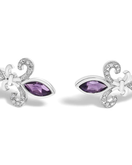 .925 Sterling Silver 8X4MM Marquise Purple Amethyst and Diamond Accent Fleur Di Lis Open Cuff Bangle (I-J Color, I1-I2 Clarity) - 7"