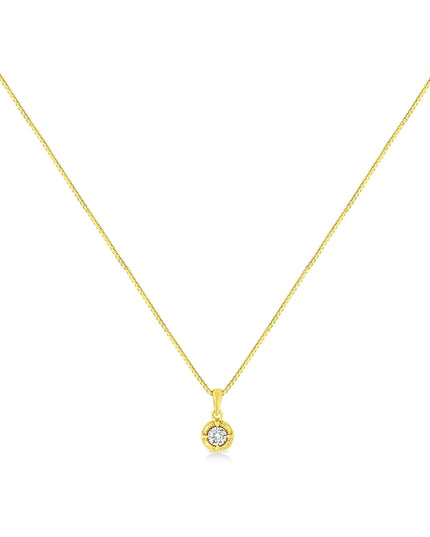 14K Yellow Gold Plated .925 Sterling Silver Brilliant Round Cut Diamond Solitaire Milgrain 18" Pendant Necklace