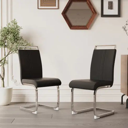 Set of 2 Modern Faux Leather Dining Chairs – High Back Upholstered Side Chairs with C-Shaped Metal Legs for Dining Room, Kitchen, or Office