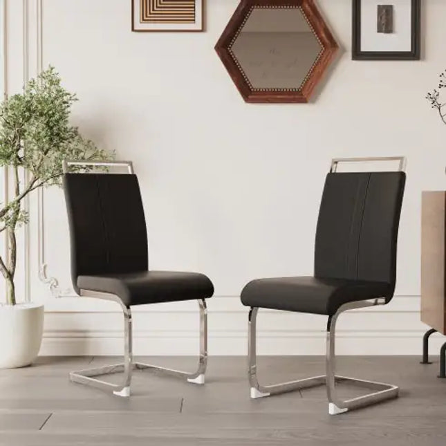 Set of 2 Modern Faux Leather Dining Chairs – High Back Upholstered Side Chairs with C-Shaped Metal Legs for Dining Room, Kitchen, or Office