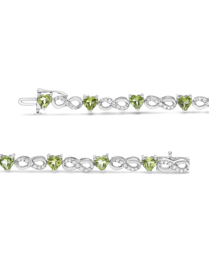 .925 Sterling Silver 1.00 Cttw Diamond and 4.00mm Lab Created Green Heart-Shaped Peridot Infinity Link Bracelet (I-J Color, I2-I3 Clarity) - 7.25"