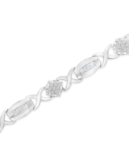 .925 Sterling Silver 1.0 Cttw Round-Cut and Baguette-Cut Diamond X-Link Bracelet (I-J Color, I1-I2 Clarity) - 7"