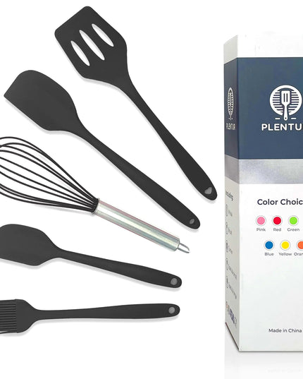 Plentur Silicone Spatula Set Kitchen Utensil Set - Heat Resistant Non Stick BPA-Free Dishwasher Safe - Essential Silicone Cooking Utensils for Home Kitchen Supplies - 5 Item Utensil Set (Black)