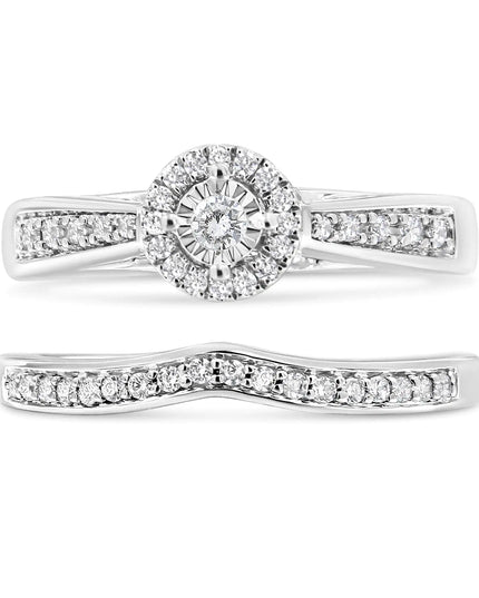 .925 Sterling Silver 1/3 Cttw Diamond Halo and Pave Shank Engagement Ring Set (I-J Color, I3 Clarity)