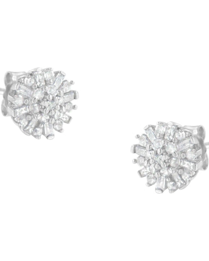 .925 Sterling Silver 1/2 Round and Baguette Diamond Sunburst Floral Cluster Stud Earrings (I-J Color, I3 Clarity)