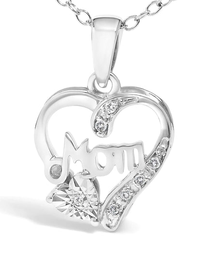 .925 Sterling Silver Diamond Accent Mom with Heart Pendant Necklace (J-K Color, I2-I3 Clarity) - 18" Inches