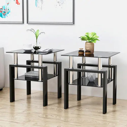 Set Of 2 Tempered Glass Coffee Tables, Modern Square, Black