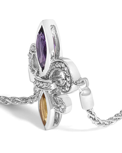 .925 Sterling Silver Marquise Purple Amethyst, Orange Citrine, and Diamond Accent Lariat 4”-10” Fleur De Lis Adjustable Bolo Bracelet (I-J Color, I1-I2 Clarity)
