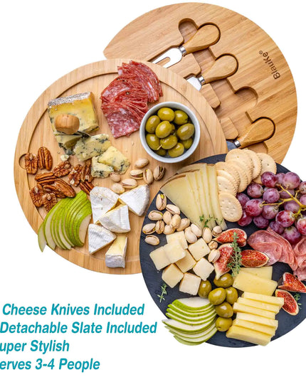 Bamboo Cheese Board With Knife Set & Removable Slate - 12" Swivel Charcuterie Board