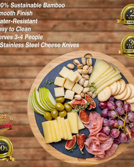 Bamboo Cheese Board With Knife Set & Removable Slate - 12" Swivel Charcuterie Board