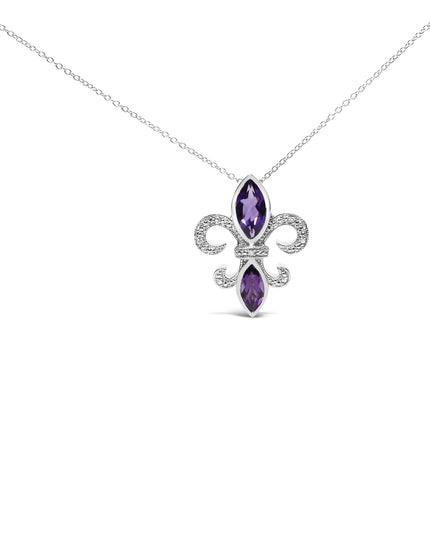 .925 Sterling Silver Purple Amethyst Marquise and Diamond Accent Fleur De Lis Pendant Necklace (H-I Color, SI1-SI2 Clarity) - Size 18"