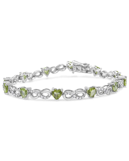 .925 Sterling Silver 1.00 Cttw Diamond and 4.00mm Lab Created Green Heart-Shaped Peridot Infinity Link Bracelet (I-J Color, I2-I3 Clarity) - 7.25"