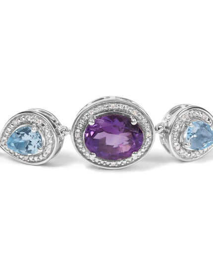 .925 Sterling Silver Oval Amethyst and Pear Blue Topaz with Diamond Accent Lariat 4”-10” Adjustable Bolo Bracelet (H-I Color, SI1-SI2 Clarity)
