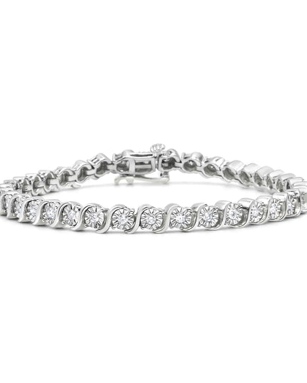 .925 Sterling Silver 1/4 Cttw Diamond Round Miracle Plate and "S" Link Tennis Bracelet (I-J Color, I2- I3 Clarity) - 7"