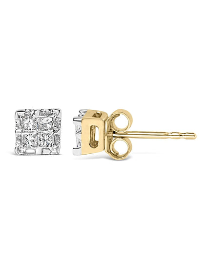 10k Yellow Gold Princess Diamond Quad Stud Earrings (1/4 cttw, J-K Color, I2-I3 Clarity)