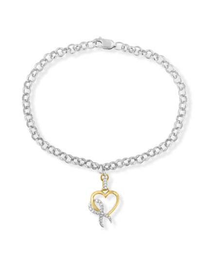 10K Yellow Gold 1/10 Cttw Diamond Awareness Ribbon & Heart Charm on 7" .925 Sterling Silver Rolo Bracelet (H-I Color, I1-I2 Clarity)