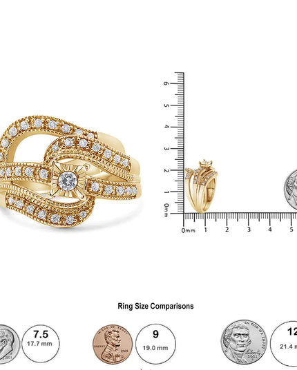 .925 Sterling Silver 1/3 Cttw Round Diamond Crisscross Engagement Ring Bridal Set (H-I Color, I1-I2 Clarity )