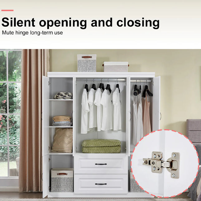 74" White Solid Wood Freestanding Wardrobe Closet With Hanging Rods, Drawers, 5