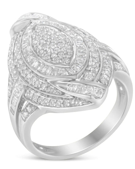 .925 Sterling Silver & 1-1/8 Cttw Diamond Marquise Shaped Cluster Triple Halo Knot Cocktail Fashion Ring (I-J Color, I2-I3 Clarity)