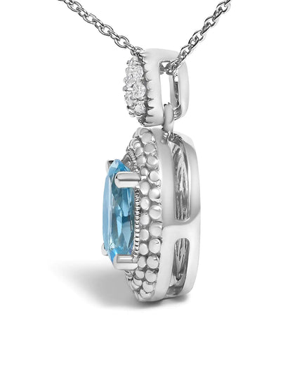 .925 Sterling Silver Oval Blue Topaz and Diamond Accent with Beaded Halo Pendant Necklace - 18" Inches