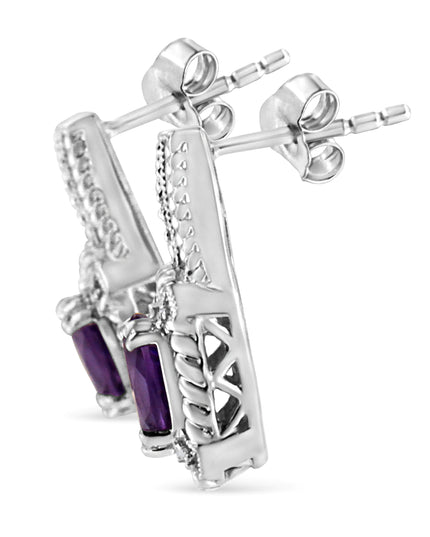 .925 Sterling Silver 8x6 MM Natural Oval Purple Amethyst Gemstone and Diamond Accent Art Deco Style Drop and Dangle Earrings (I-J Color, I1-I2 Clarity)