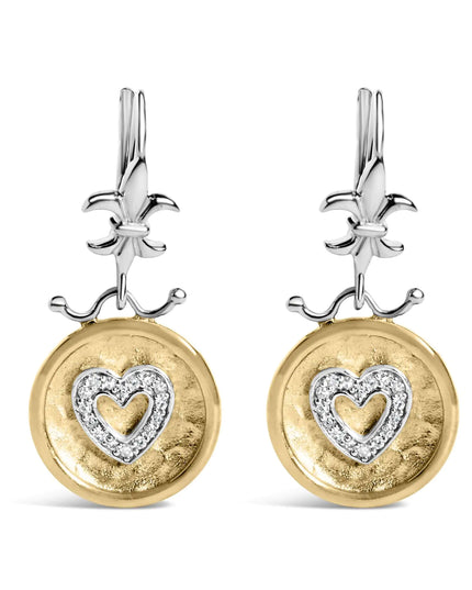 18K Yellow Gold Plated .925 Sterling Silver 1/8 Cttw Diamond Hammered Finished Medallion Heart Drop and Dangle Earrings (I-J Color, SI1-SI2 Clarity)