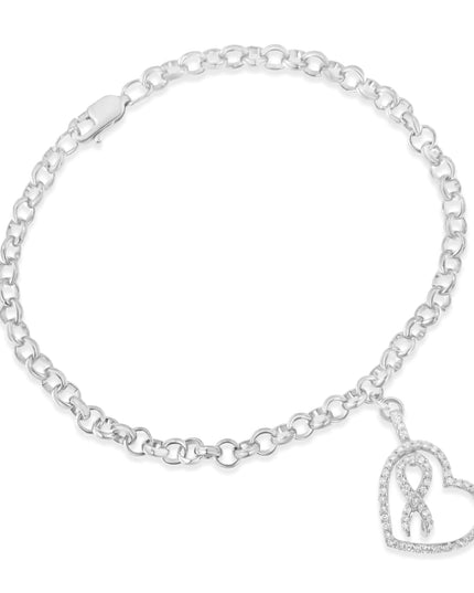 .925 Sterling Silver 1/4 Cttw Diamond-Accented Heart and Ribbon Charm 7" Link Chain Bracelet (H-I Color, I1-I2 Clarity)