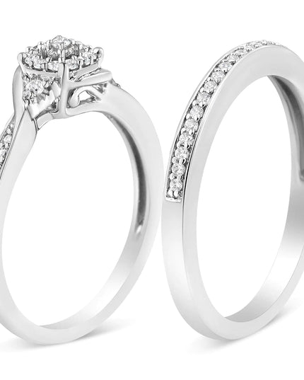 .925 Sterling Silver 1/4 Cttw Diamond Halo and Swirl Engagement Ring and Wedding Band Set (I-J Color, I3 Clarity)