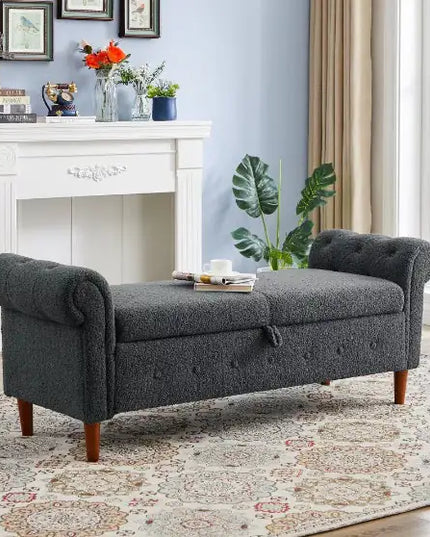 Grey Teddy Velvet Multifunctional Storage Rectangular Sofa Stool