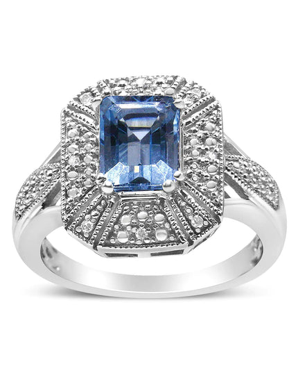 .925 Sterling Silver Diamond Accent and 8X6 mm Emerald-Shape Blue Topaz Ring (I-J Color, I2-I3 Clarity)