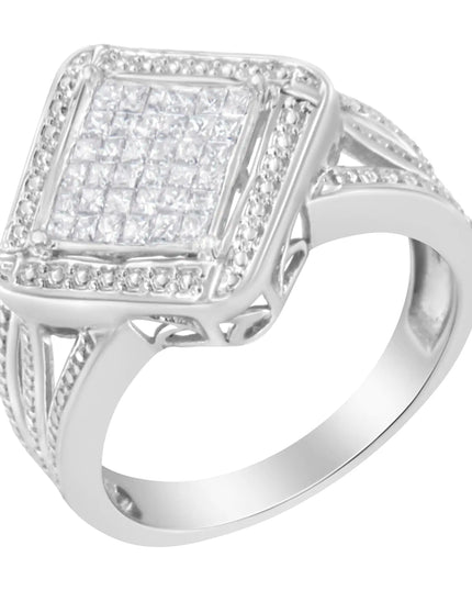.925 Sterling Silver 2/5 Cttw Princess Cut Diamond Square On Point Cluster Composite Cocktail Ring (H-I Color, SI1-SI2 Clarity)