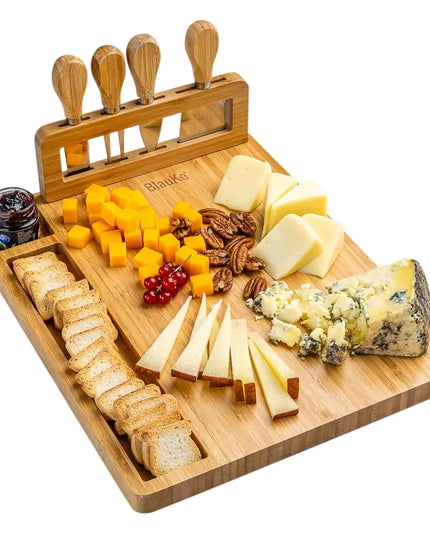 Bamboo Cheese Board Set - 14x11 Inch With 4 Knives - Wood Tray