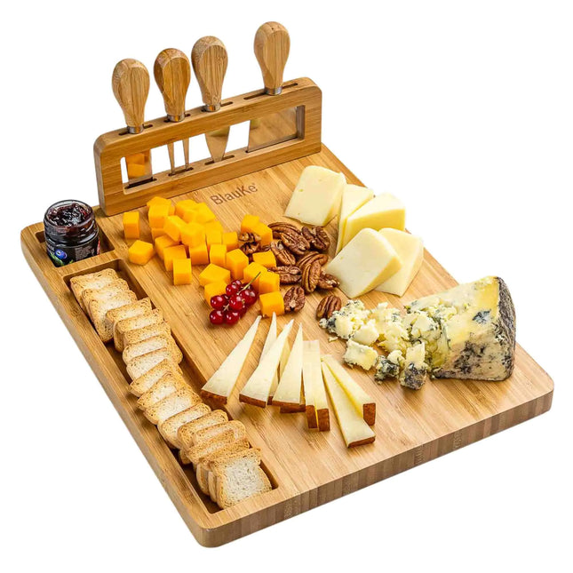 Bamboo Cheese Board Set - 14x11 Inch With 4 Knives - Wood Tray