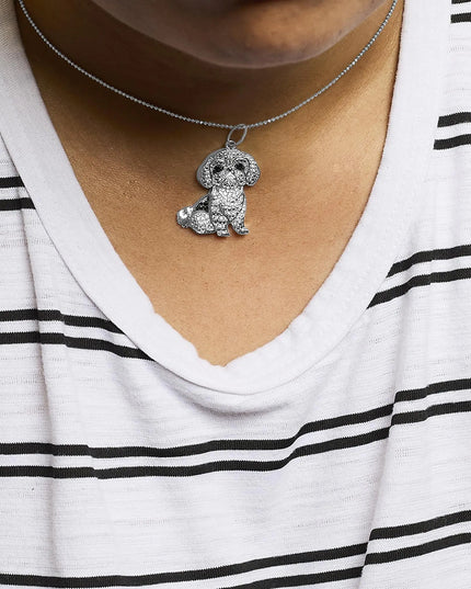 .925 Sterling Silver 1/2 Cttw White and Black Diamond Shih Tzu Dog 18" Pendant Necklace (I-J Color, I2-I3 Clarity)