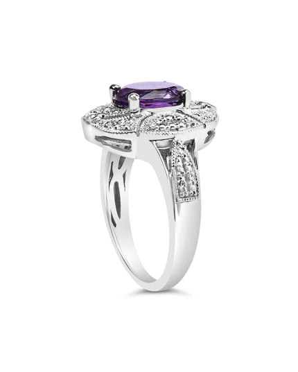 .925 Sterling Silver 9x7mm Oval Purple Amethyst and Round Diamond Accent Fashion Cocktail Ring (I-J Color, I1-I2 Clarity)
